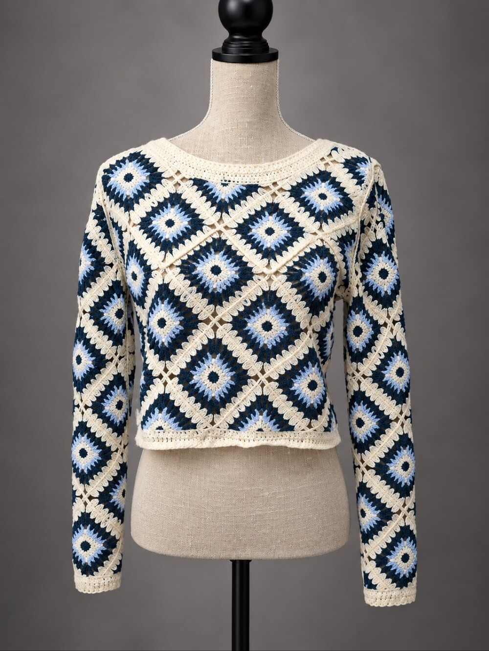 Rebellion Crochet Granny Square Cropped Sweater Blue Cream Size S